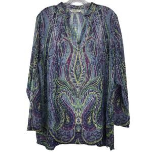 TravelSmith Tunic Top Sheer Paisley Split Neck Long Sleeve Blue Purple Green Lg